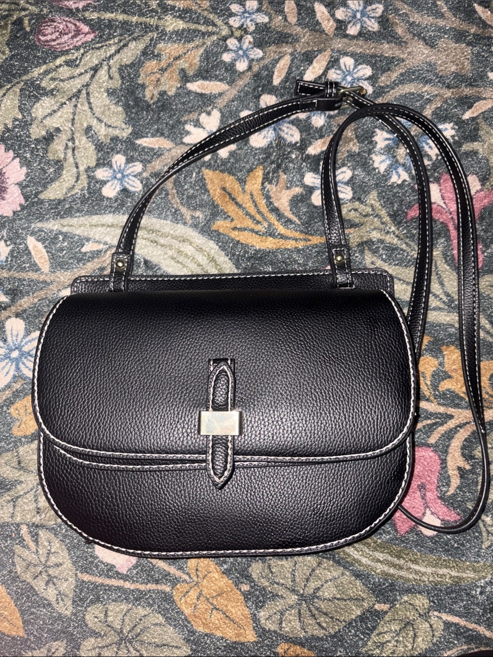 London Fog Black Pebbled Leather Crossbody Bag with Contrast Stitching